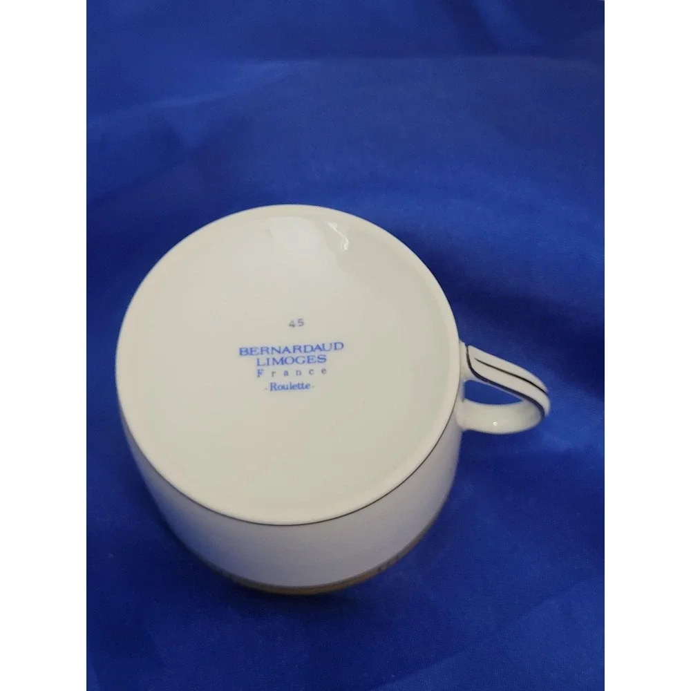 Porcelain Tea Coffee Cup and Saucer, Bernardaud Limoges Roulette Pattern